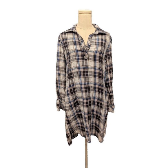 Cloth‎ & Stone Plaid Pockets Vneck Long Sleeve Relax Fit Shirt Dress Small - Picture 1 of 10